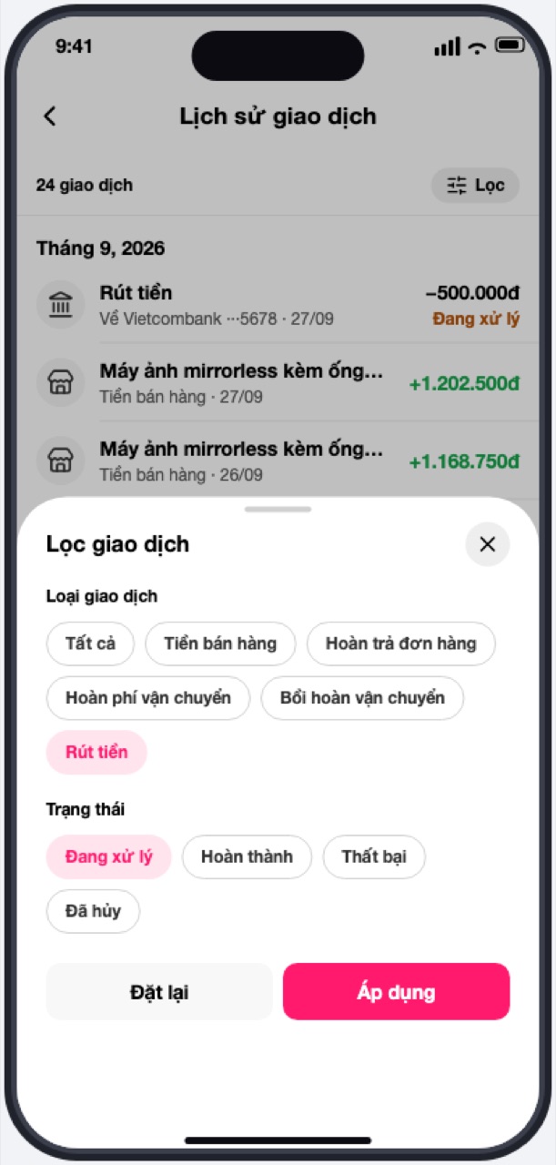 Bảng Lọc giao dịch theo loại và trạng thái
