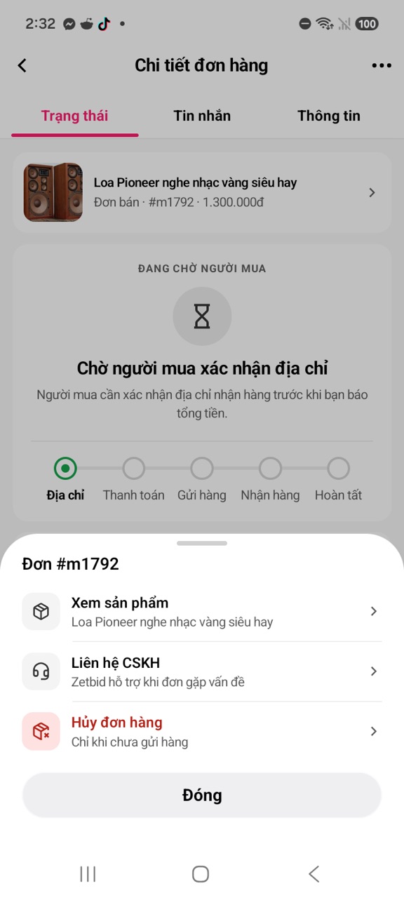 Nút ⋯ trong chi tiết đơn: Hủy đơn hàng, chỉ khi chưa gửi hàng