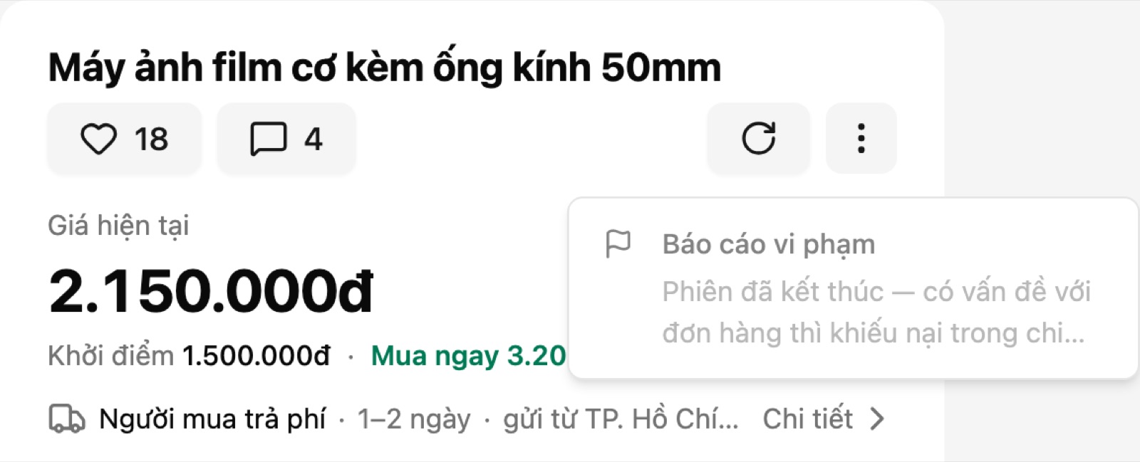 Phiên đã kết thúc: mục Báo cáo vi phạm mờ đi