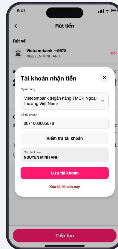 Hộp Tài khoản nhận tiền: ngân hàng, số tài khoản, Kiểm tra tài khoản, Lưu tài khoản