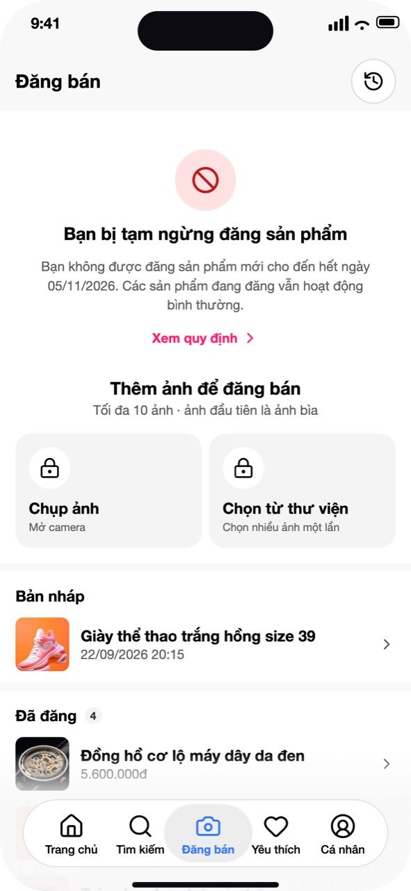 Màn Đăng bán: thẻ hạn chế, hai nút Chụp ảnh và Chọn từ thư viện có ổ khoá
