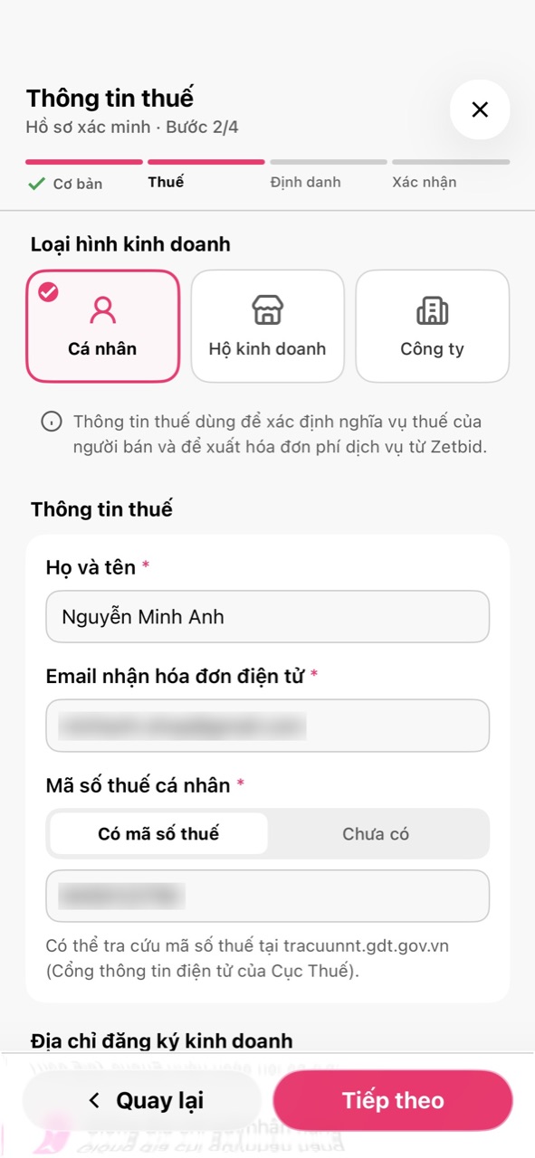 Bước 2/4 Thông tin thuế, loại hình Cá nhân