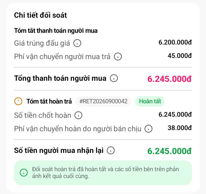 Tab Thông tin: Tóm tắt hoàn trả và số tiền người mua nhận lại