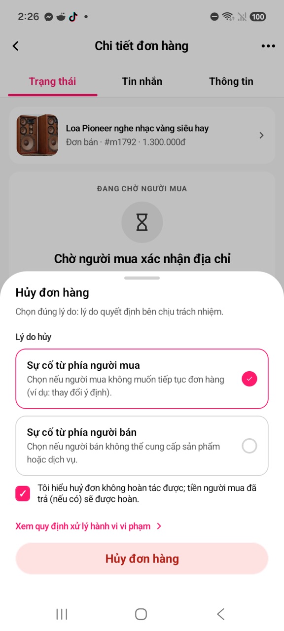 Bảng Hủy đơn hàng: chọn lý do và tích ô xác nhận