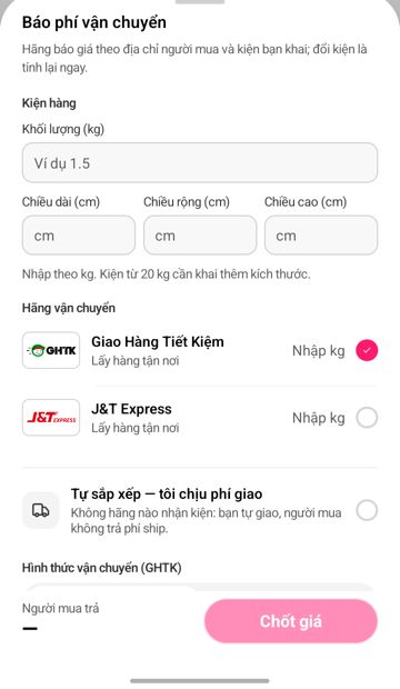Bảng Báo phí vận chuyển: kiện hàng, hãng vận chuyển, nút Chốt giá