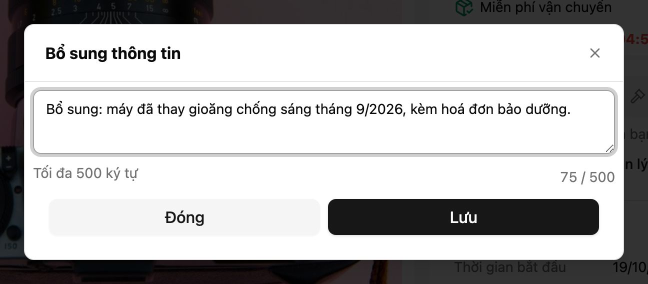 Hộp Bổ sung thông tin, tối đa 500 ký tự