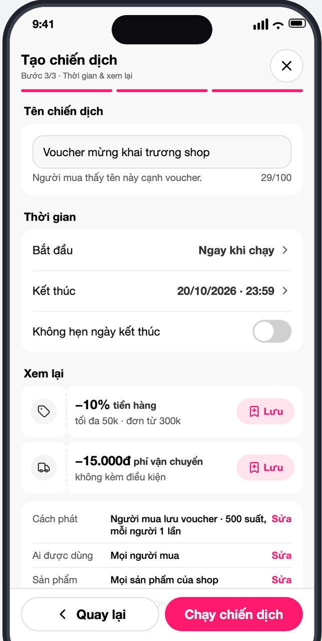 Bước 3 Thời gian và xem lại, nút Chạy chiến dịch