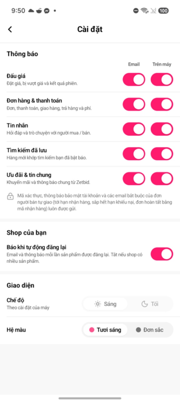 Màn Cài đặt: dải Thông báo với 5 nhóm, cột Email và Trên máy; dải Shop của bạn với Báo khi tự động đăng lại
