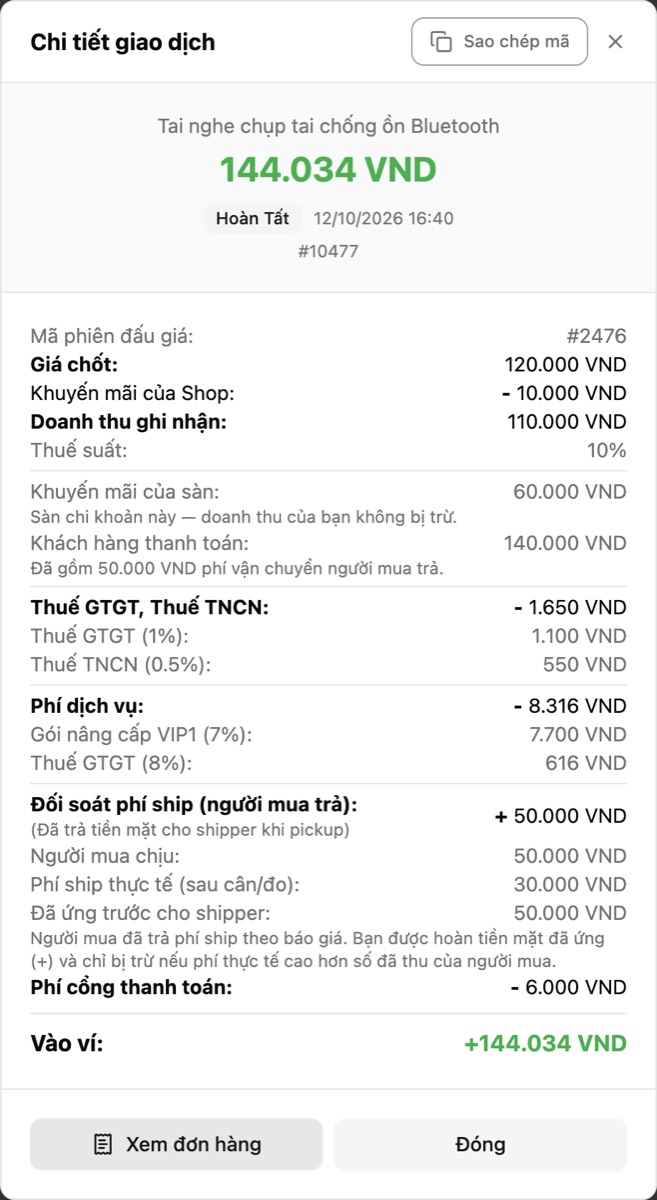 Chi tiết giao dịch Tiền bán hàng: giá chốt, khuyến mãi, thuế, phí dịch vụ, phí vận chuyển, phí cổng thanh toán và số Vào ví