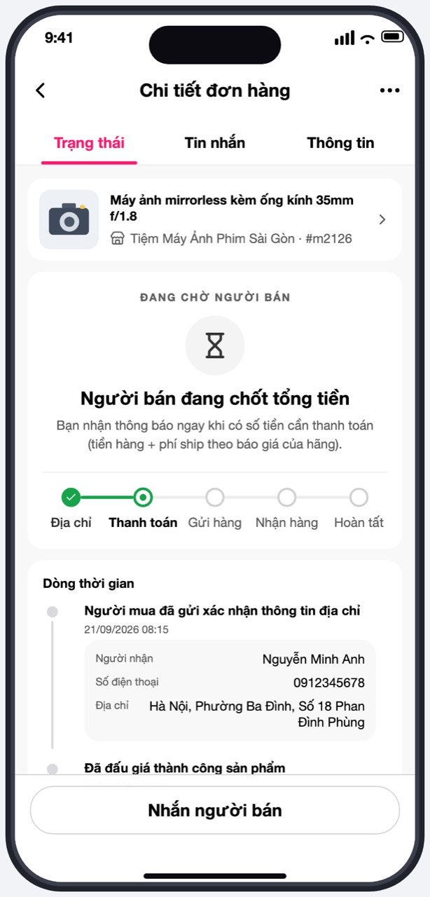 Thẻ Người bán đang chốt tổng tiền