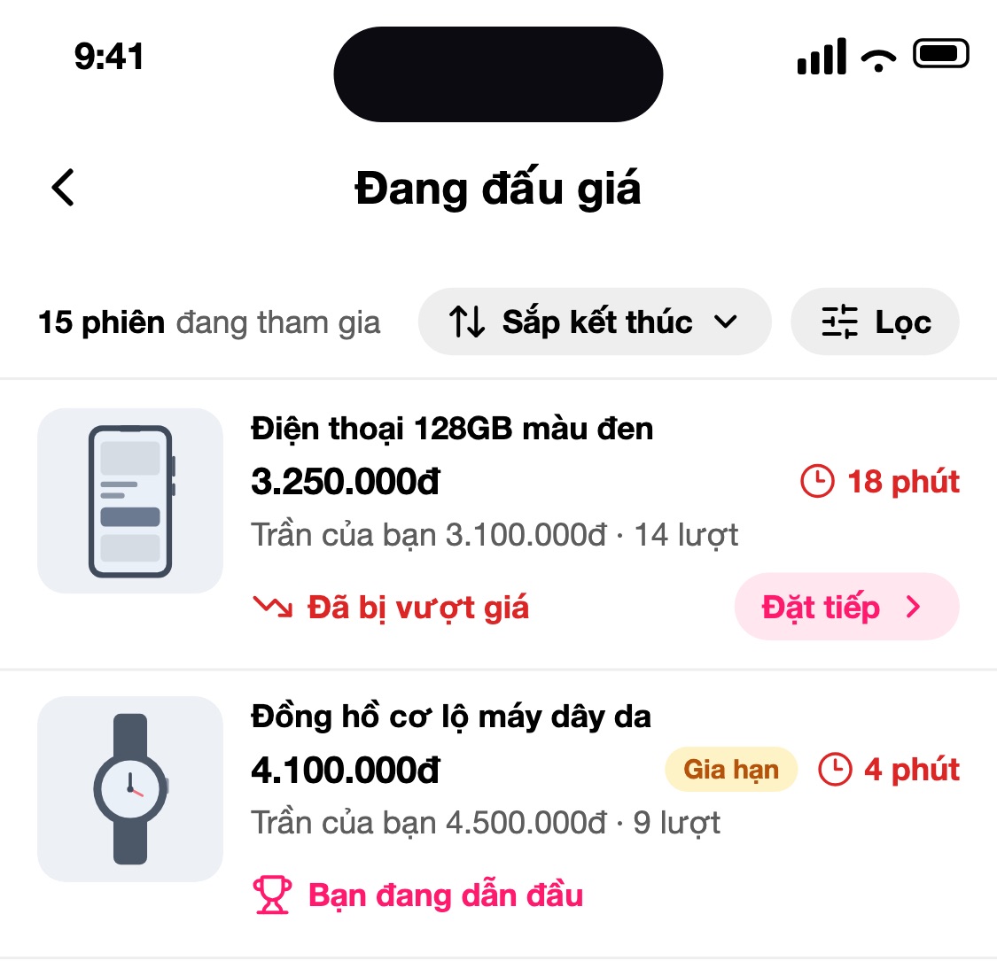 Nhãn Gia hạn trong Đang đấu giá