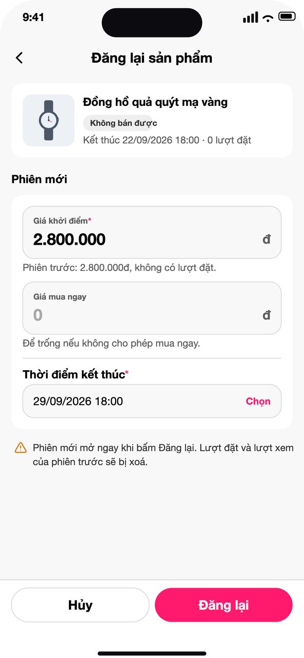 Màn Đăng lại sản phẩm: phiên trước, giá khởi điểm, giá mua ngay, thời điểm kết thúc
