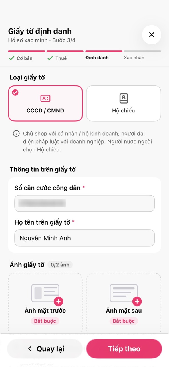 Bước 3/4 Giấy tờ định danh, chọn CCCD / CMND