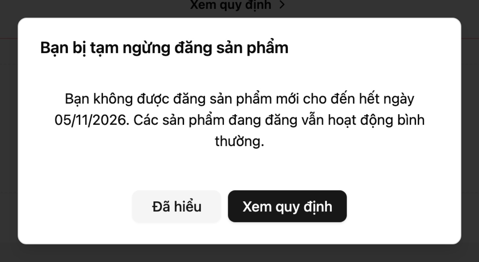 Bấm Tạo mới sản phẩm khi bị hạn chế: hộp thông báo
