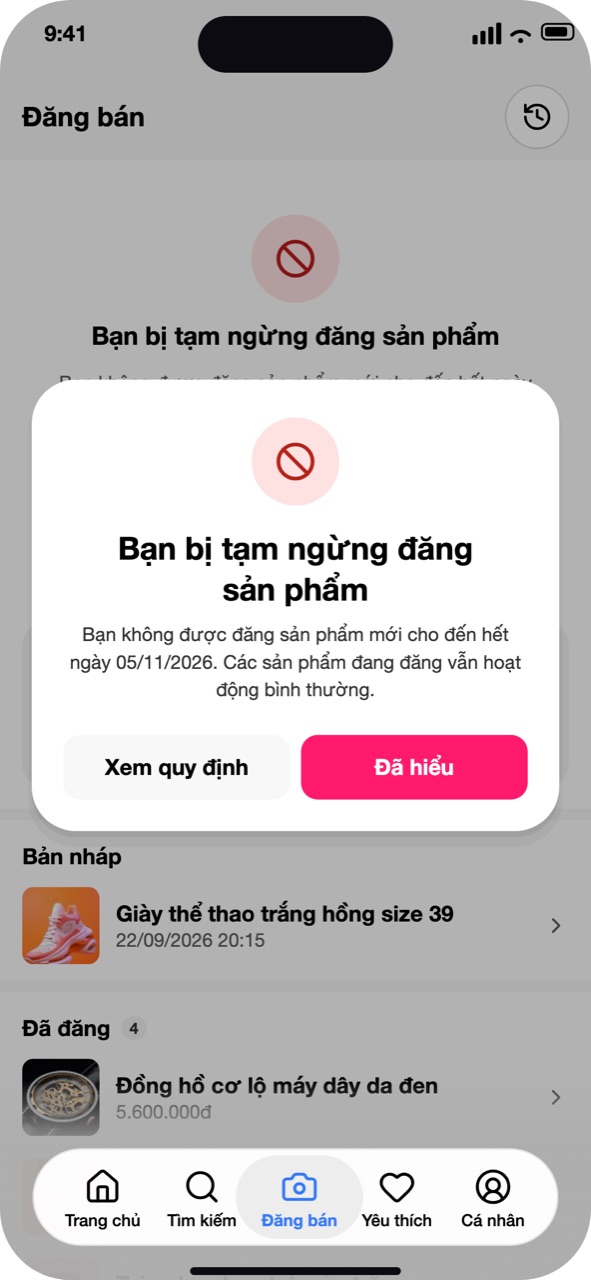 Chạm nút có ổ khoá: hộp thông báo hạn chế