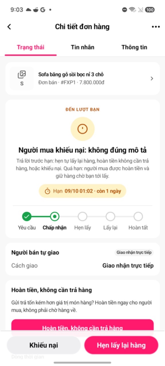 Người bán chọn cách xử lý yêu cầu của đơn Tự sắp xếp