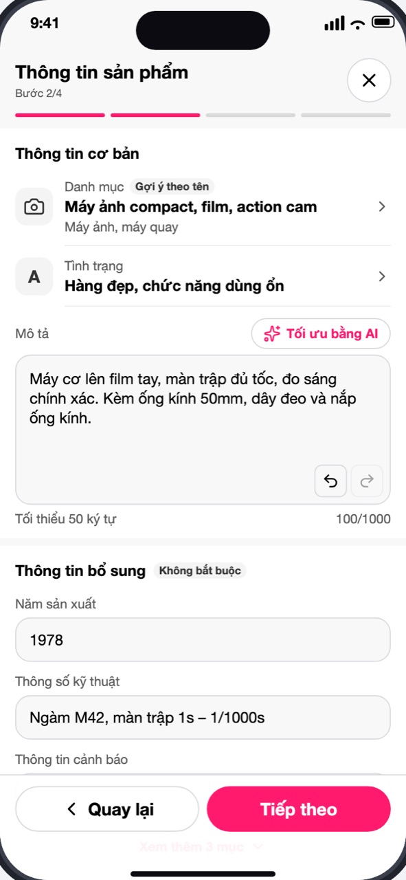 Bước 2/4 Thông tin sản phẩm: Danh mục, Tình trạng, Mô tả
