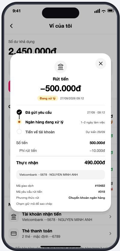 Chi tiết giao dịch Rút tiền với ba mốc xử lý và số Thực nhận
