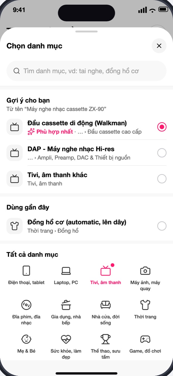 Bảng Chọn danh mục với Gợi ý cho bạn, Dùng gần đây và Tất cả danh mục