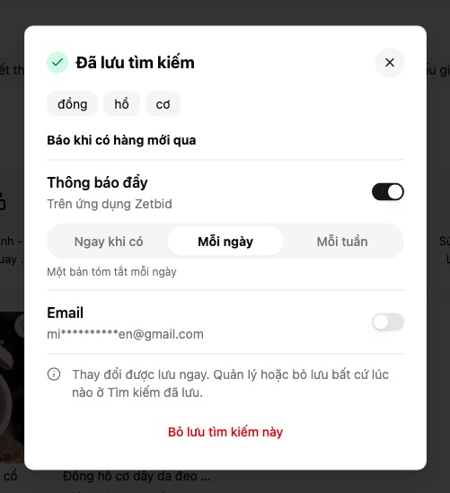 Bảng Đã lưu tìm kiếm