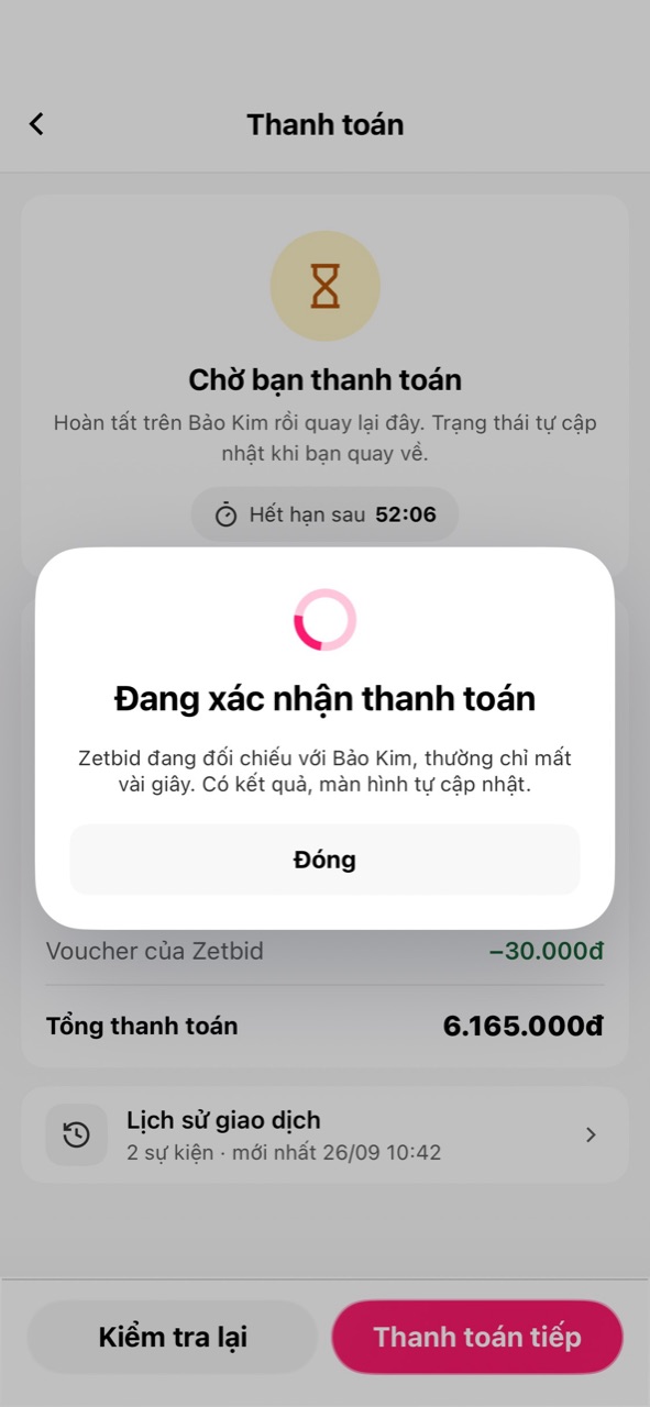 Hộp Đang xác nhận thanh toán
