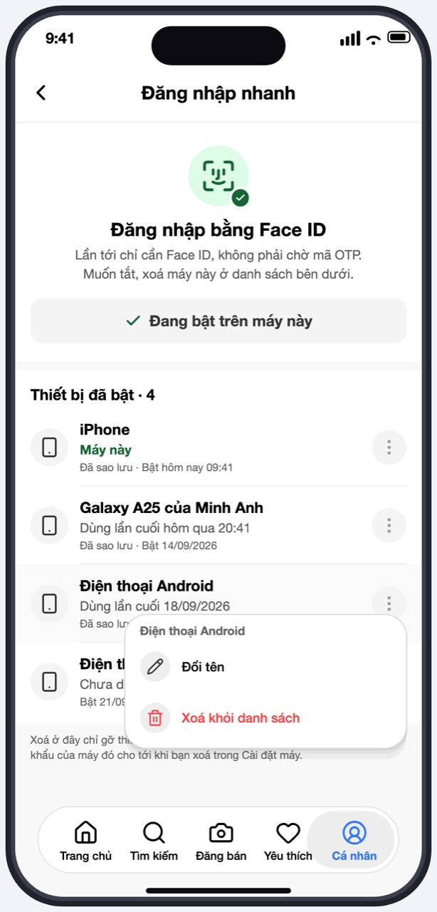 Menu của một thiết bị: Đổi tên, Xoá khỏi danh sách