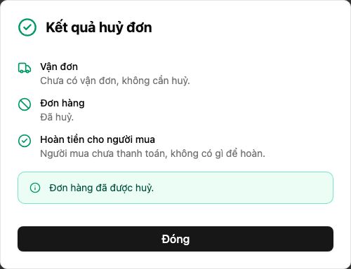Màn Kết quả huỷ đơn: Vận đơn, Đơn hàng, Hoàn tiền cho người mua