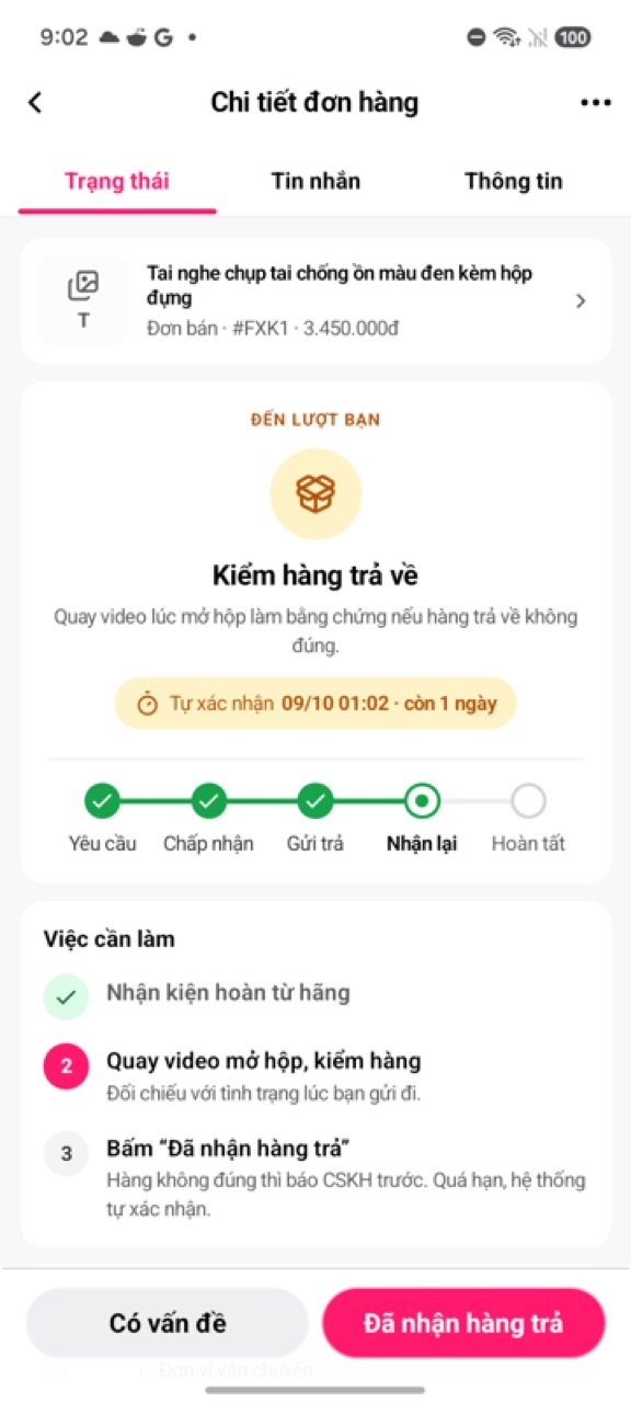 Người bán kiểm hàng trả về: Có vấn đề hoặc Đã nhận hàng trả