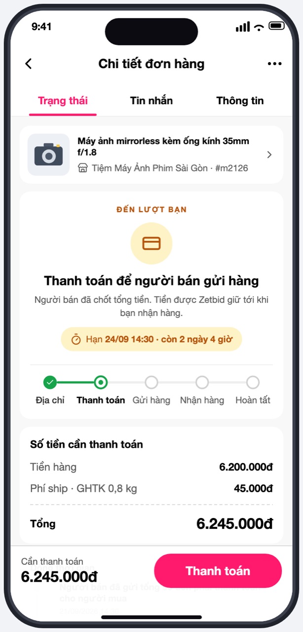 Chi tiết đơn ở bước thanh toán với nút Thanh toán
