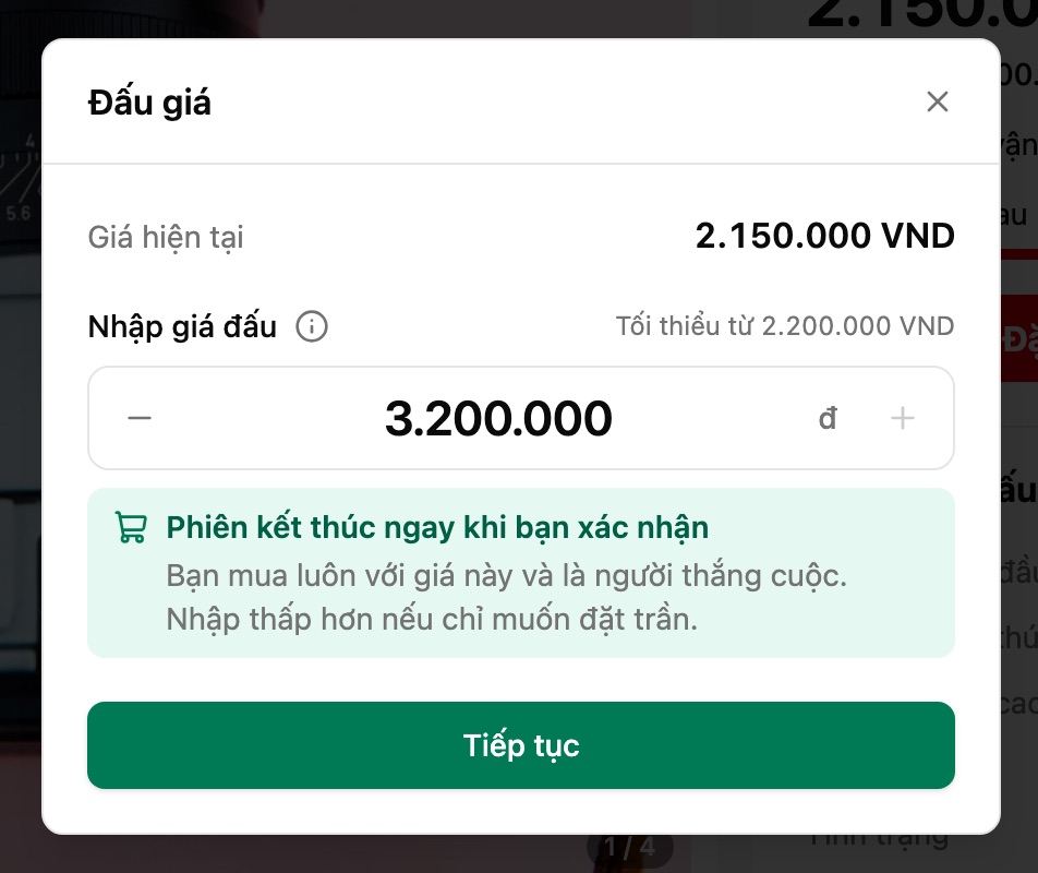 Trần bằng giá mua ngay: phiên kết thúc ngay khi bạn xác nhận