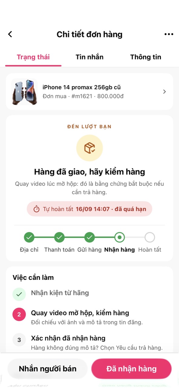 Người mua: Hàng đã giao, hãy kiểm hàng, kèm mốc Tự hoàn tất