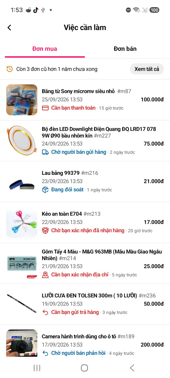 Việc cần làm, tab Đơn mua: dòng nhắc đơn cũ hơn 1 năm và các đơn đang xử lý