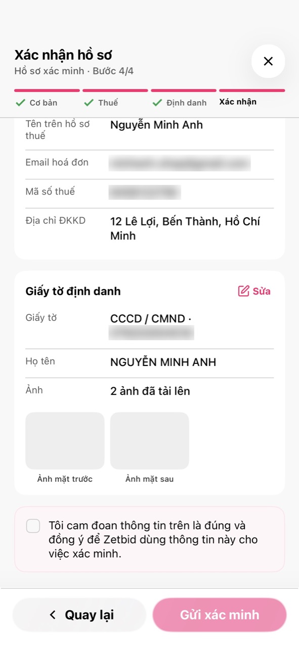 Bước 4/4 Xác nhận hồ sơ, ô cam đoan và nút Gửi xác minh