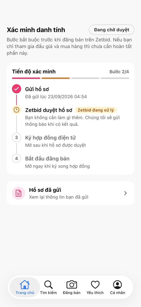 Mốc Zetbid duyệt hồ sơ đang xử lý, nhãn Đang chờ duyệt