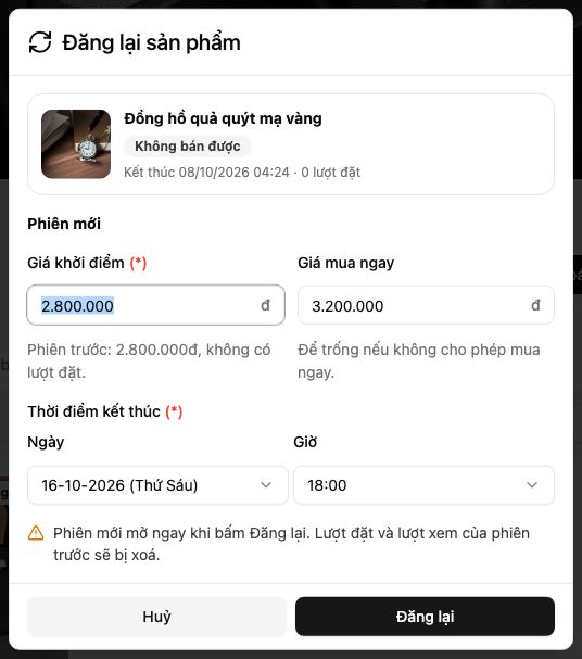 Hộp thoại Đăng lại sản phẩm: phiên trước và phần Phiên mới