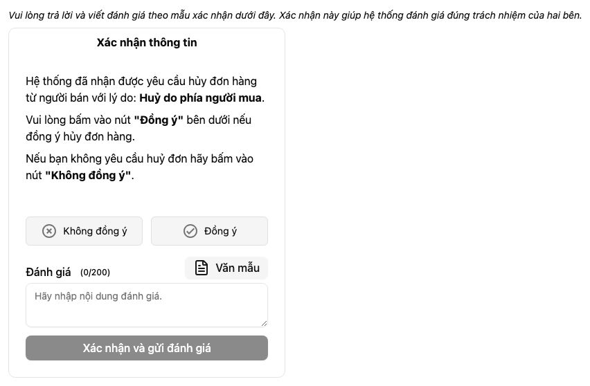 Người mua: khung Xác nhận thông tin với Đồng ý / Không đồng ý và ô đánh giá