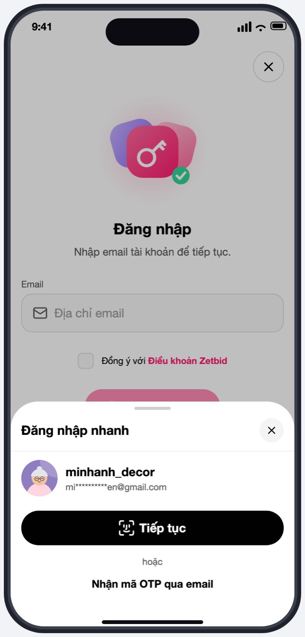 Màn Đăng nhập với bảng Đăng nhập nhanh và nút Tiếp tục