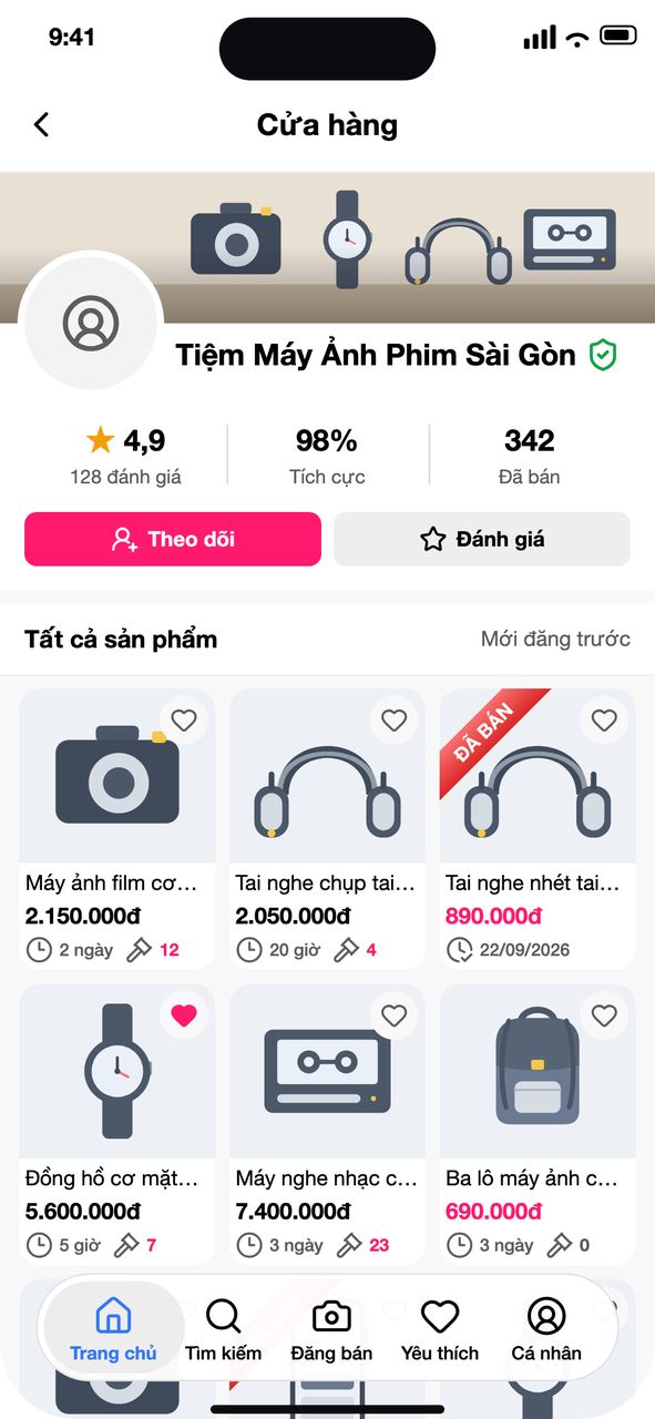 Trang shop công khai trên ứng dụng với nút Theo dõi và Đánh giá