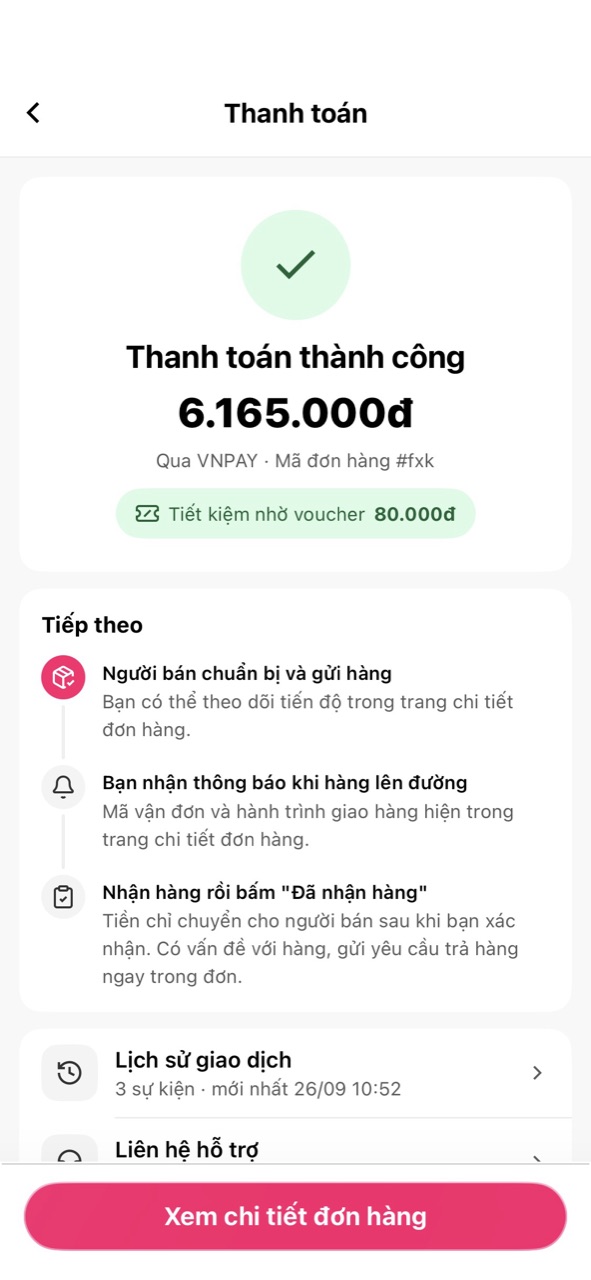 Màn Thanh toán thành công với ba bước tiếp theo