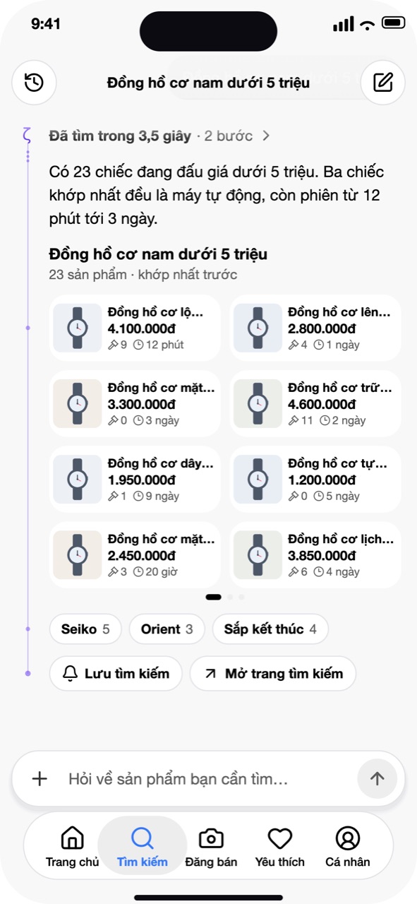 Kết quả, chip lọc, Lưu tìm kiếm, Mở trang tìm kiếm