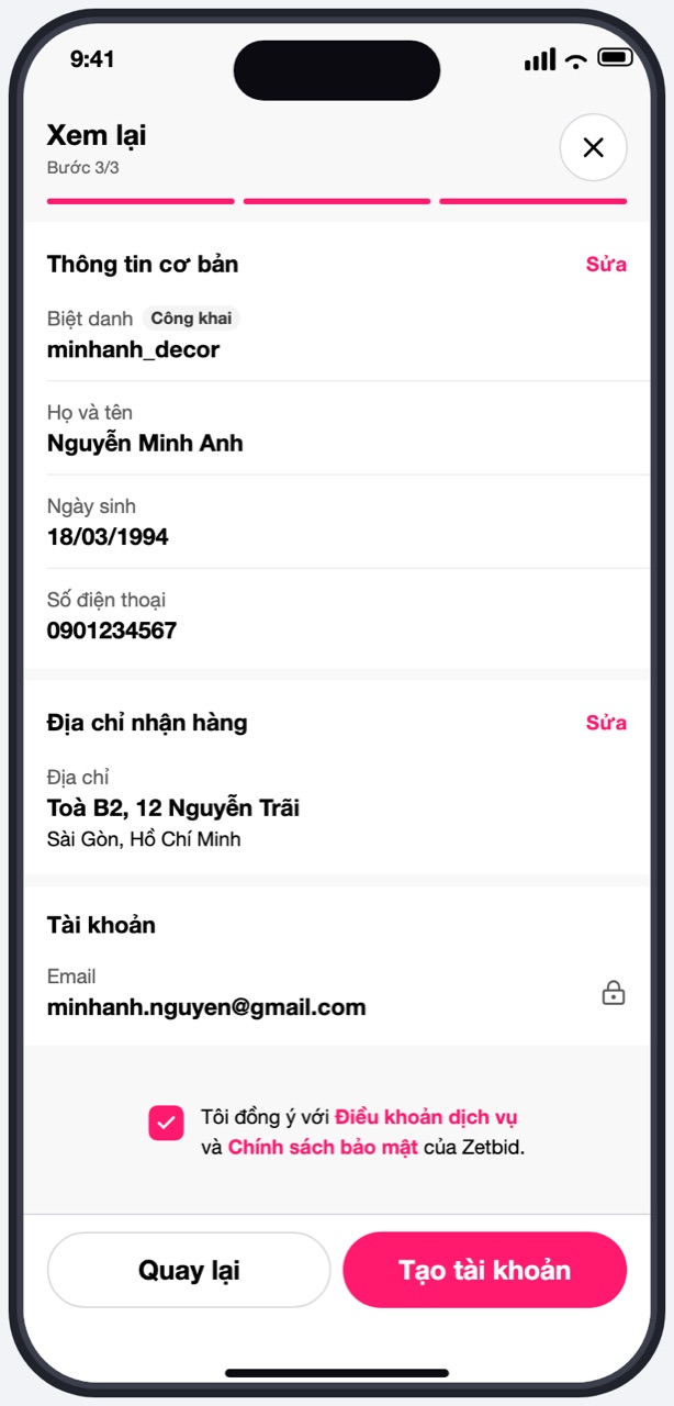 Bước 3/3 Xem lại, ô đồng ý điều khoản và nút Tạo tài khoản