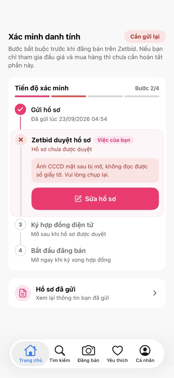 Hồ sơ chưa được duyệt, lý do và nút Sửa hồ sơ