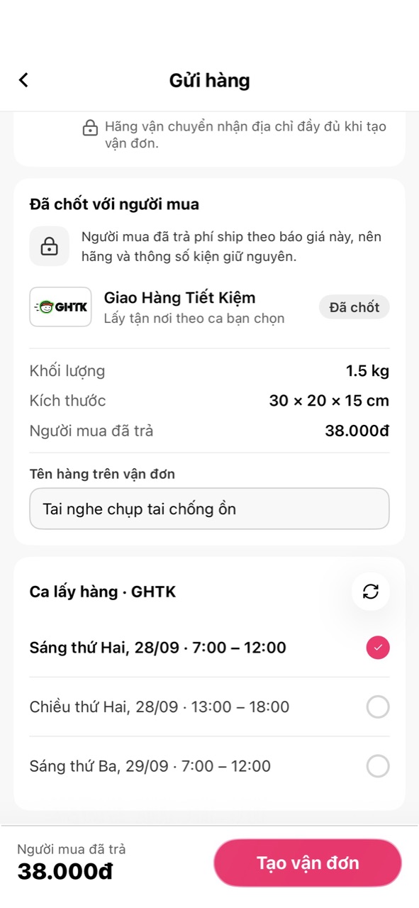 Thẻ Đã chốt với người mua: hãng, khối lượng, kích thước chỉ đọc