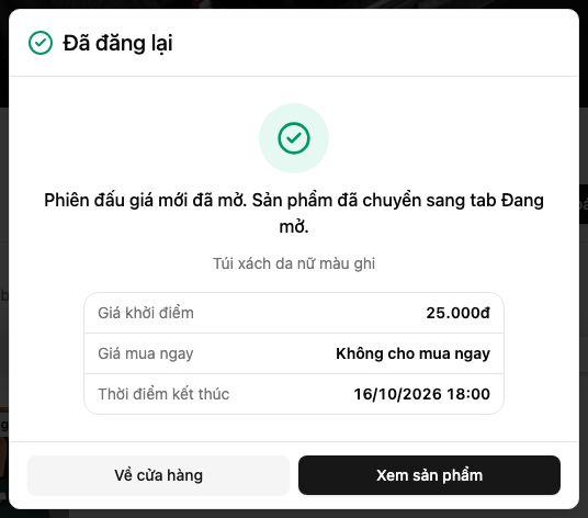 Màn Đã đăng lại với nút Về cửa hàng và Xem sản phẩm