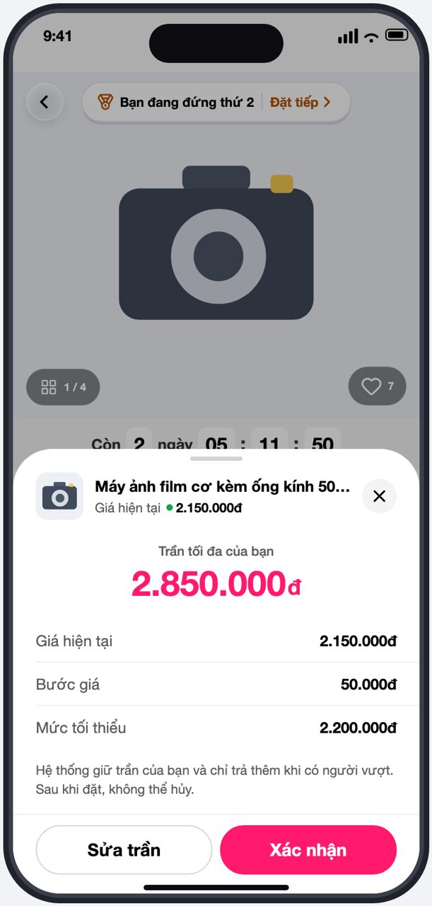 Màn xác nhận đặt giá với nút Sửa trần và Xác nhận