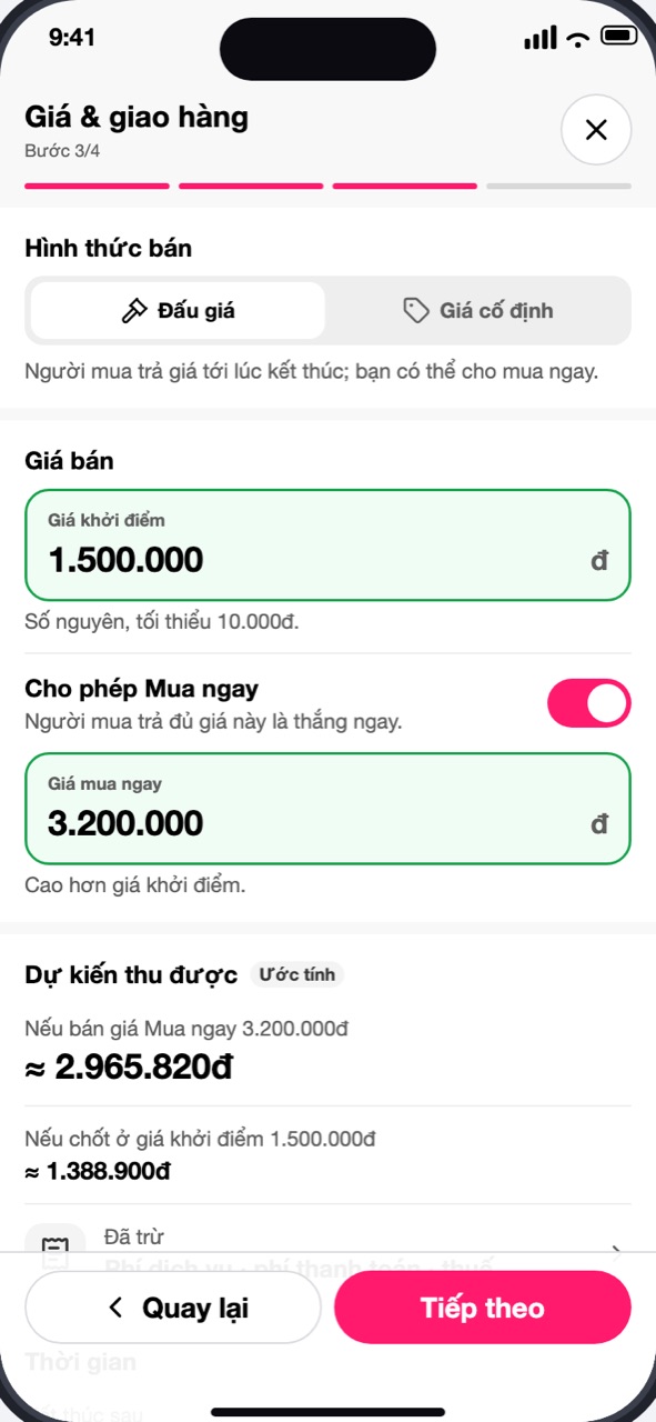 Hình thức bán Đấu giá, giá khởi điểm, cho phép Mua ngay và Dự kiến thu được
