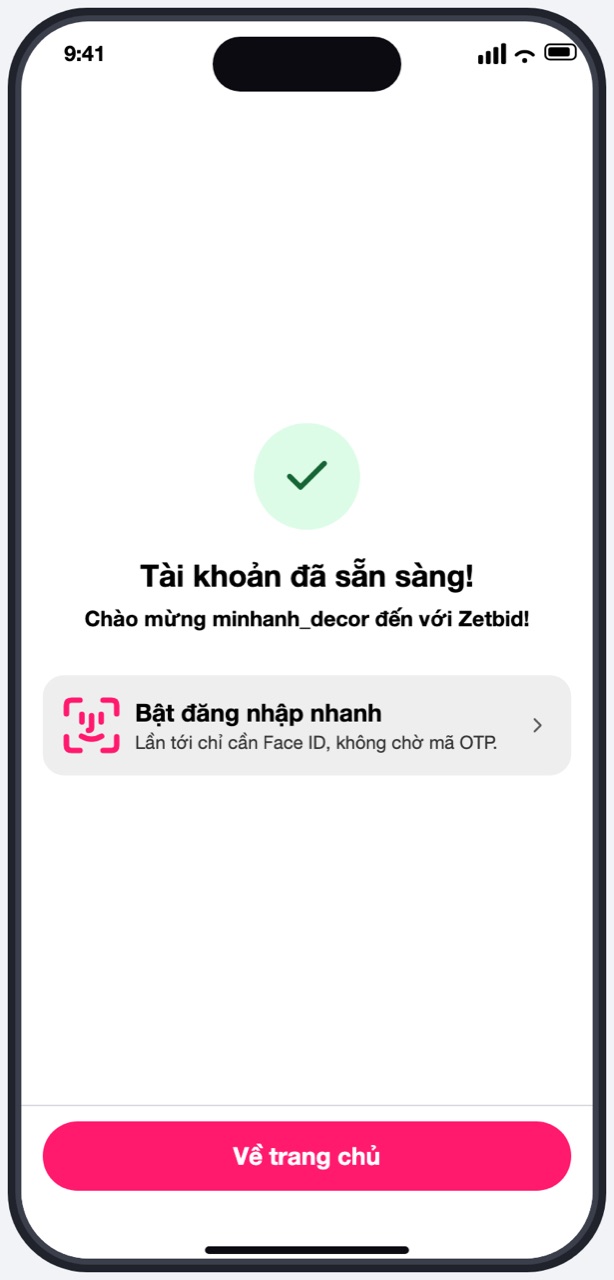 Màn Tài khoản đã sẵn sàng với thẻ Bật đăng nhập nhanh