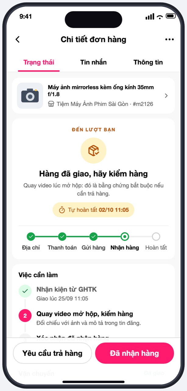 Thẻ Hàng đã giao, hãy kiểm hàng với nút Đã nhận hàng