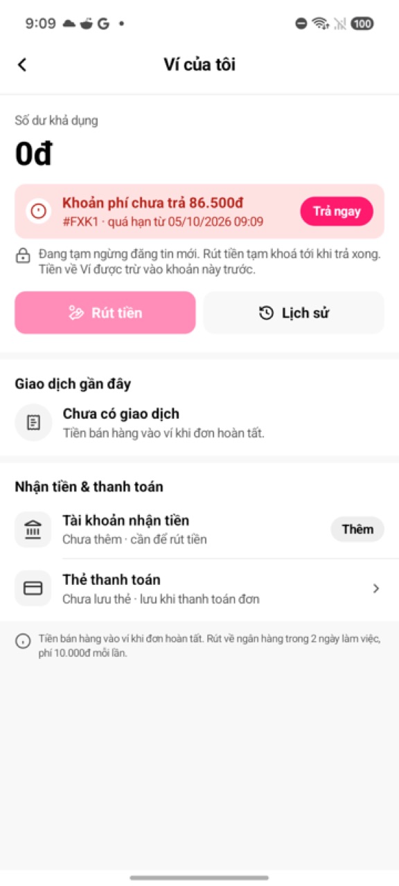 Dải Khoản phí chưa trả với nút Trả ngay dưới số dư, nút Rút tiền bị mờ