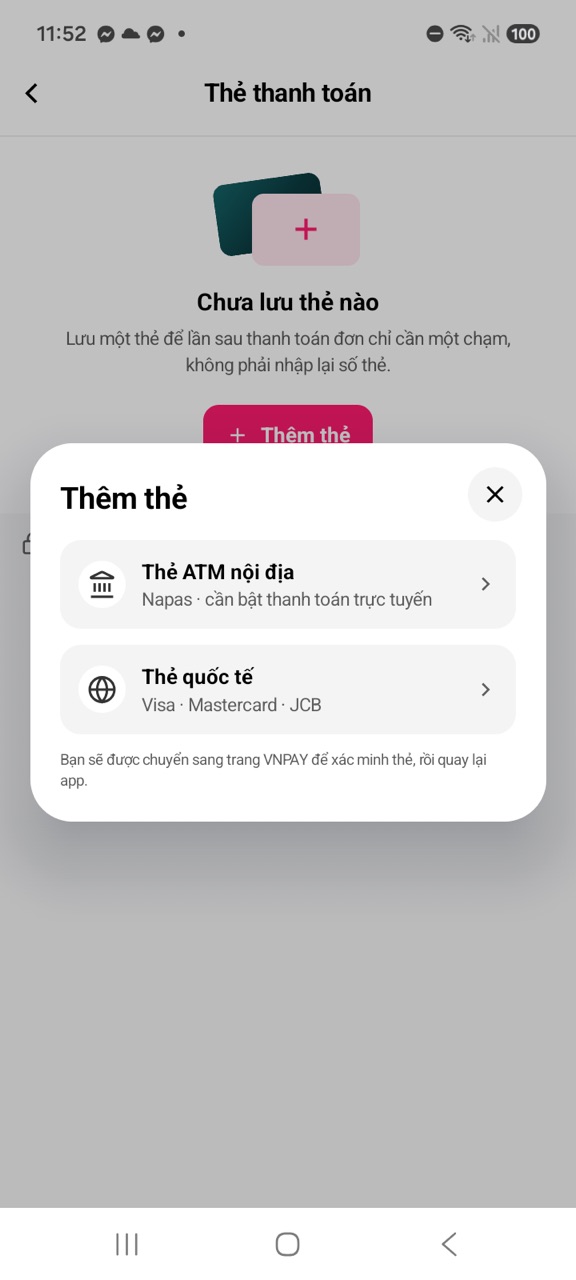 Hộp Thêm thẻ: Thẻ ATM nội địa hoặc Thẻ quốc tế